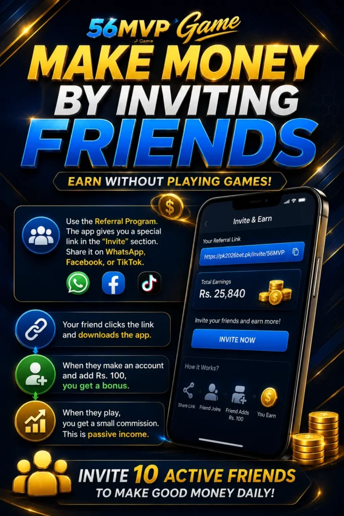 56mvp game referral poster showing invite and earn screen with referral link, total earnings Rs 25,840, and steps to invite friends via WhatsApp Facebook TikTok