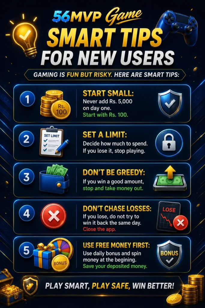 56mvp game smart tips poster listing five rules for new users including starting small, setting a limit, avoiding greed, not chasing losses, and using free bonus money first
