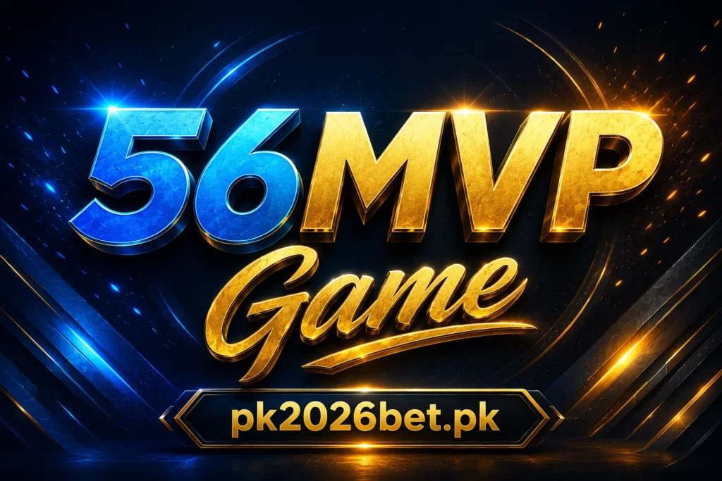 Wide banner of 56mvp game showing blue number 56 and golden MVP Game text with light streaks and sparks on a dark background.