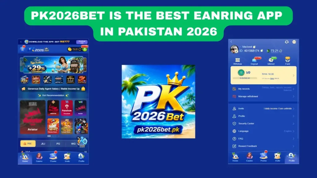 PK2026Bet game home screen, golden crown app icon, and wallet dashboard preferred by Karachi earning app users