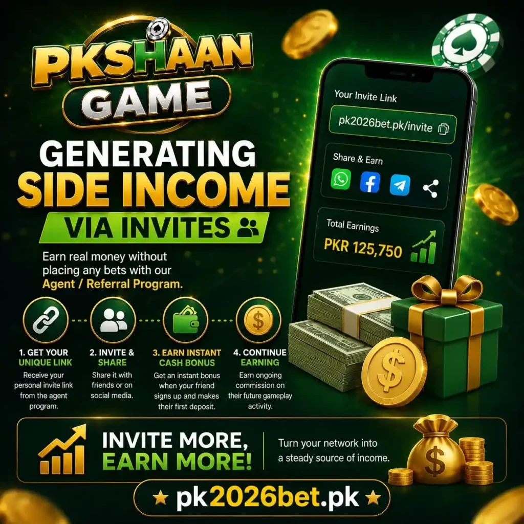 PKSHAAN Game referral program poster showing invite link, WhatsApp Facebook Telegram share icons, and total earnings of PKR 125,750 on a mobile phone screen